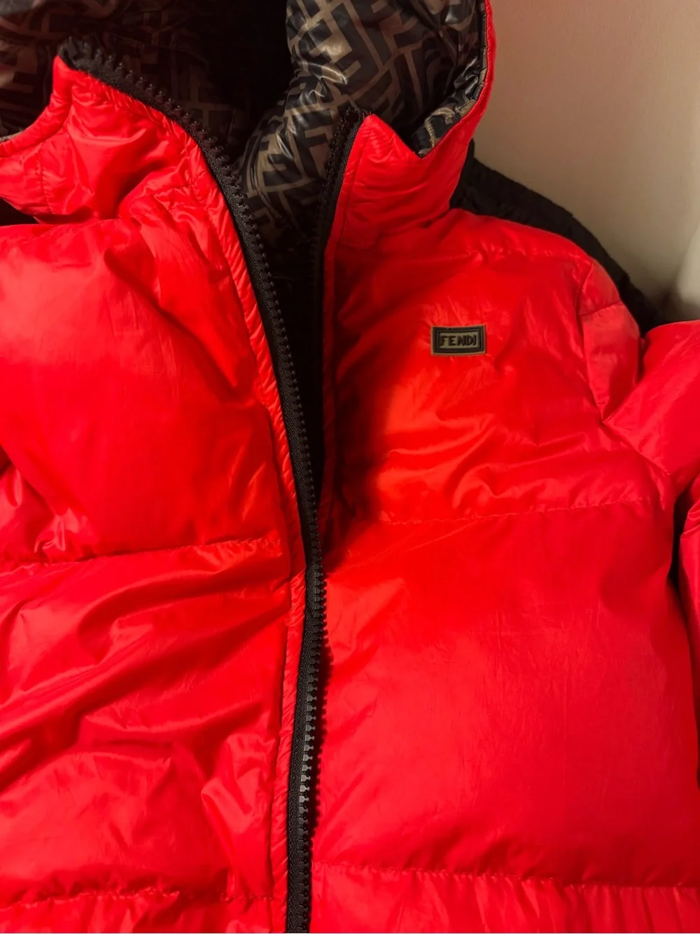 Fendi Logo Puffer Jacket in Brown, Black & Red